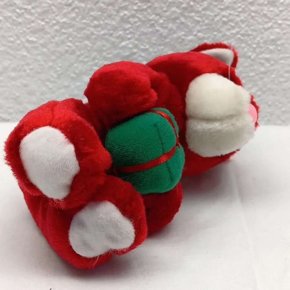 Red Plush Cat Holding Gift Sitting Stuffed Lux Fur Vintage Holding Gift